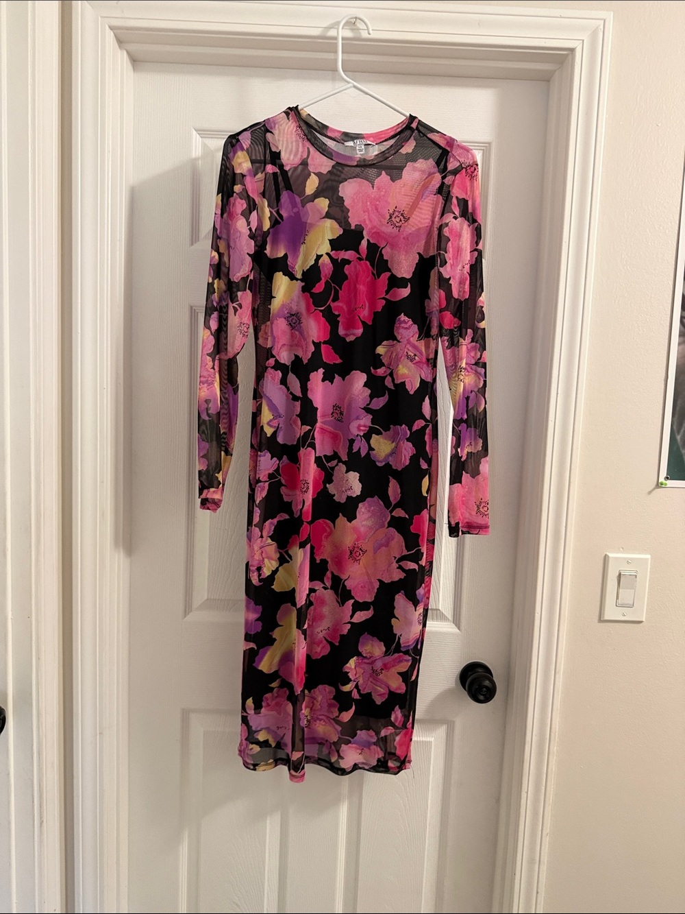 AFRM Black Mesh Long-Sleeve Midi Dress with Pink Floral Print